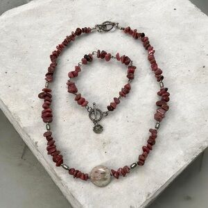 Elegant Handcrafted Rhodonite Pink Stone Necklace and Bracelet Set